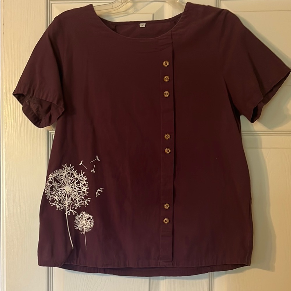 Women's Burgundy Button-Down Top with Dandelion Design